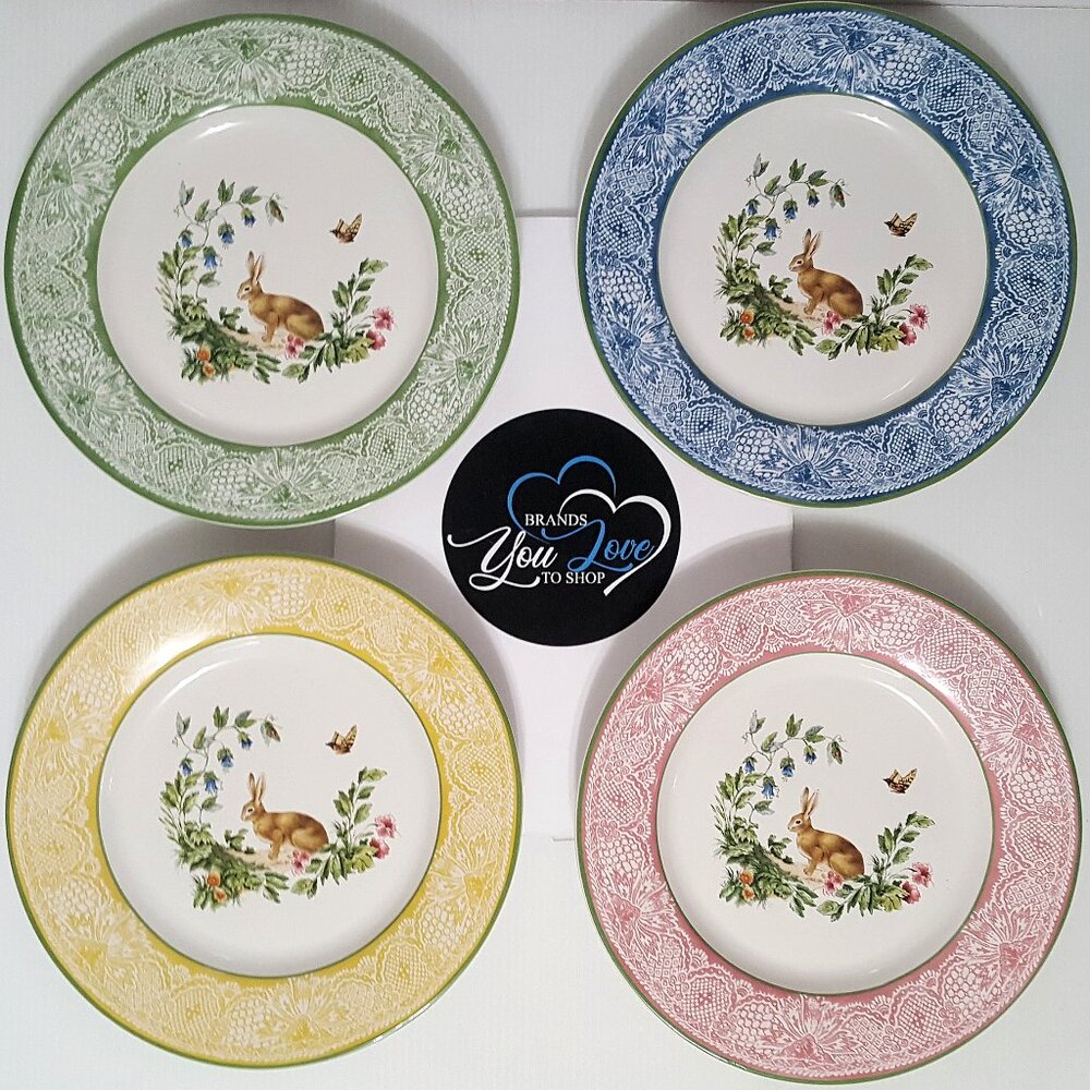 NEW RARE Pottery Barn S/4 Botanical Bunny Salad Plates Mixed Stoneware NIB